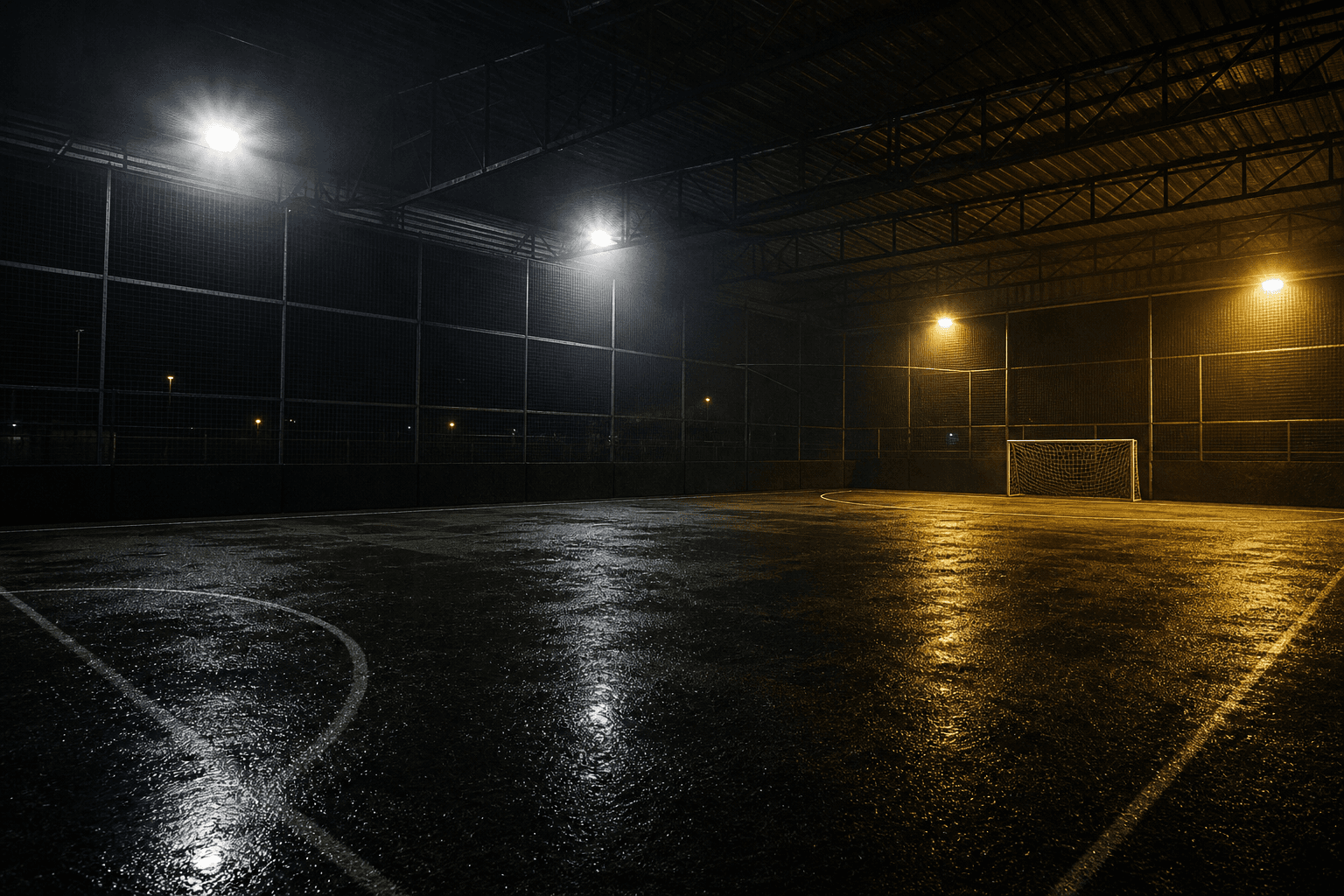 Terrain de foot à 5 indoor la nuit, sous les projecteurs